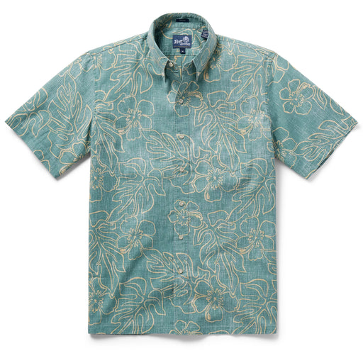 Reyn Spooner Sagebrush Monstera Ink  Collared Shirt monstera, a broad tropical leaf, & hibiscus, the Hawai'i state flower