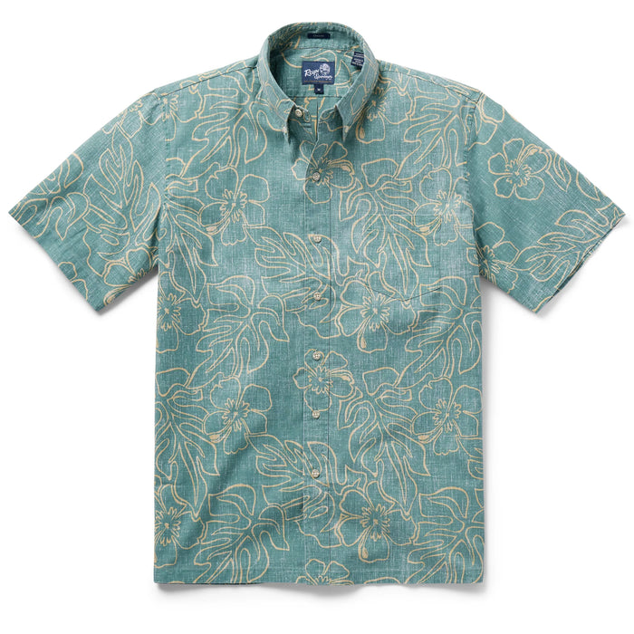 Reyn Spooner Sagebrush Monstera Ink  Collared Shirt monstera, a broad tropical leaf, & hibiscus, the Hawai'i state flower