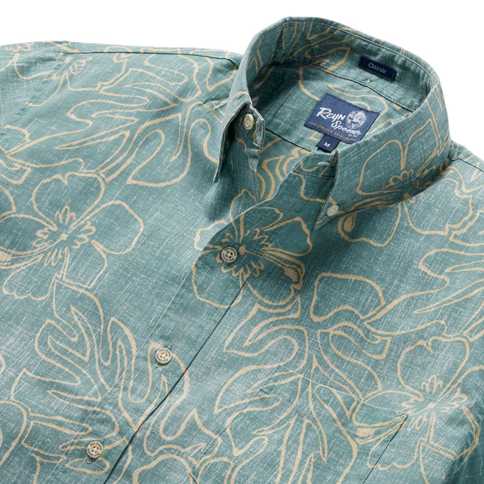 Reyn Spooner Sagebrush Monstera Ink  Collared Shirt zoom in monstera, a broad tropical leaf, & hibiscus, the Hawai'i state flower