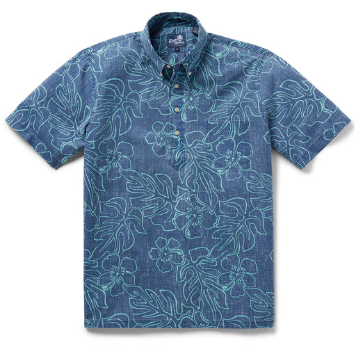 Reyn Spooner Dress Blues Monstera Ink Pullover Collared Shirt monstera, a broad tropical leaf, & hibiscus, the Hawai'i state flower