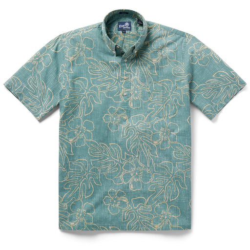 Reyn Spooner Sagebrush Monstera Ink Pullover Collared Shirt monstera, a broad tropical leaf, & hibiscus, the Hawai'i state flower