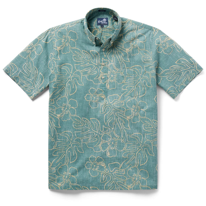 Reyn Spooner Sagebrush Monstera Ink Pullover Collared Shirt monstera, a broad tropical leaf, & hibiscus, the Hawai'i state flower