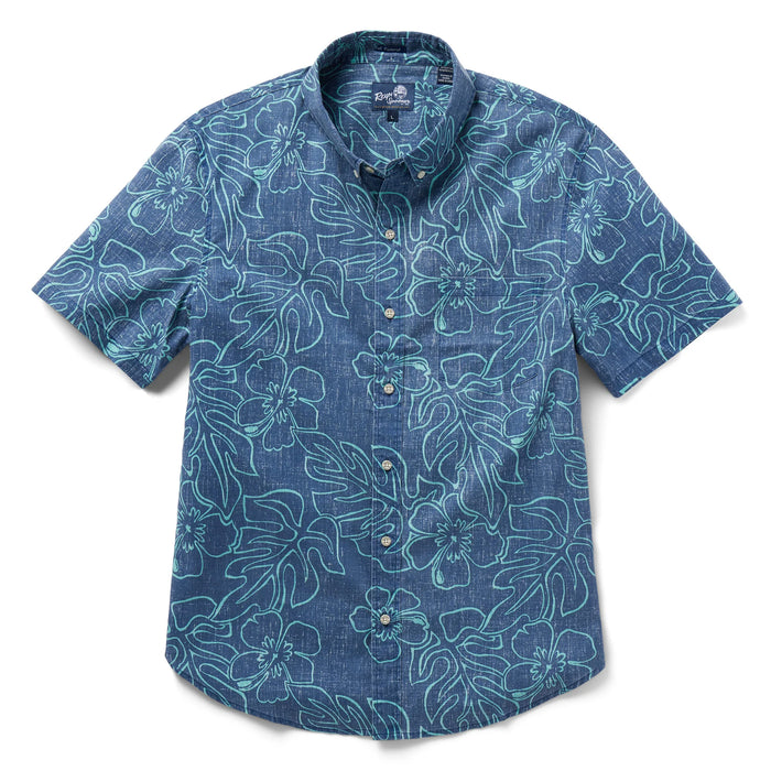 Reyn Spooner Dress Blue Monstera Ink Tailored Collared Shirt monstera, a broad tropical leaf, & hibiscus, the Hawai'i state flower