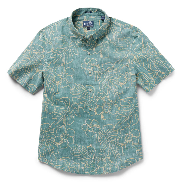 Reyn Spooner Sagebrush Monstera Ink Tailored Collared Shirt monstera, a broad tropical leaf, & hibiscus, the Hawai'i state flower