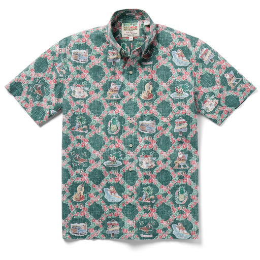 Hawaiian Xmas Evergreen Shirts with signs for Waikiki, North Shore, Lahaina, Nene, surfer, surfboard, Mr & Mrs Snowman, lei and more