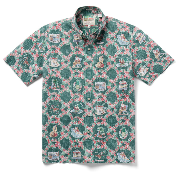Hawaiian Xmas Evergreen Shirts with signs for Waikiki, North Shore, Lahaina, Nene, surfer, surfboard, Mr & Mrs Snowman, lei and more