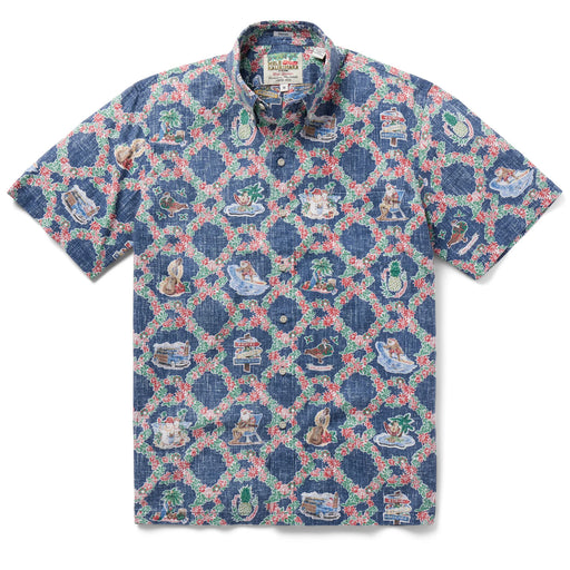 Hawaiian Xmas Navy Shirts with signs for Waikiki, North Shore, Lahaina, Nene, surfer, surfboard, Mr & Mrs Snowman, lei