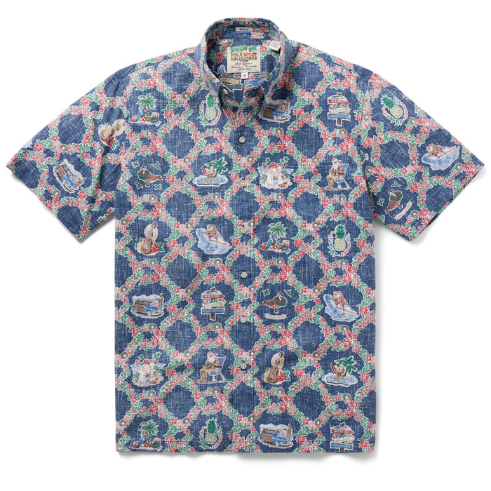 Hawaiian Xmas Navy Shirts with signs for Waikiki, North Shore, Lahaina, Nene, surfer, surfboard, Mr & Mrs Snowman, lei