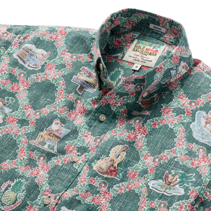 Hawaiian Xmas Evergreen Shirts with signs for Waikiki, North Shore, Lahaina, Nene, surfer, surfboard, Mr & Mrs Snowman, lei zoom in