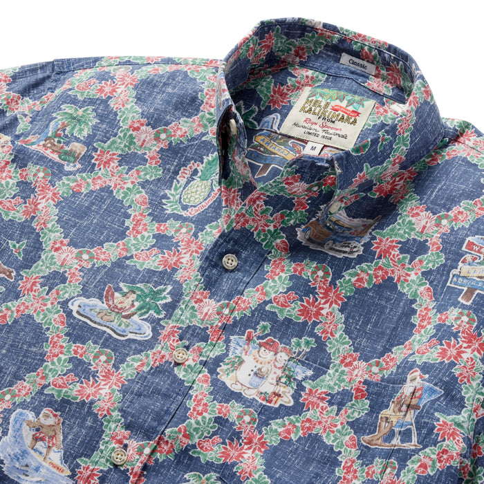 Hawaiian Xmas Navy Shirts with signs for Waikiki, North Shore, Lahaina, Nene, surfer, surfboard, Mr & Mrs Snowman, lei