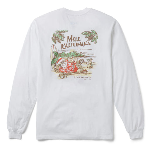 Reyn Spooner Waikiki Santa Long Sleeve White T-Shirt 100% Certified Organic Cotton Back view with Santa reclining under palm