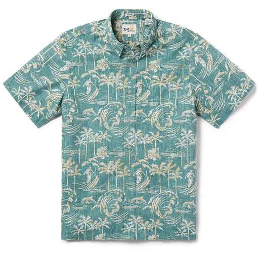 Reyn Spooner Dolphins surfing waves next to surfers  with palm trees and Hawai'i vibe in Sagebrush green button up collared no wrinkle shirt 