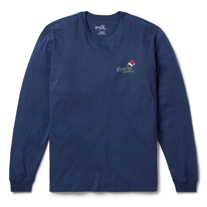 Reyn Spooner Santa Hula Graphic Tee long Sleeve 100% Cotton Made in USA crewneck Navy shirt front view