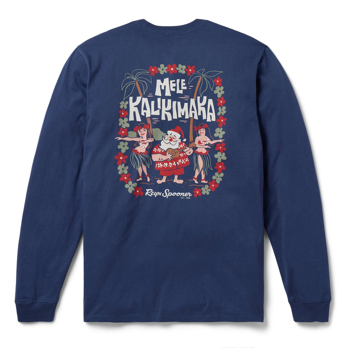 Reyn Spooner Santa Hula Graphic Tee long Sleeve 100% Cotton Made in USA crewneck Navy shirt back view