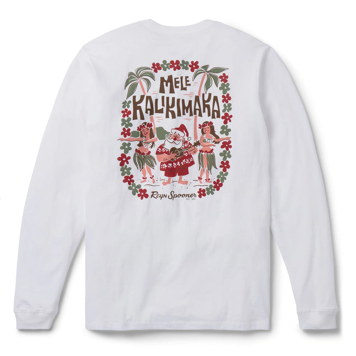 Reyn Spooner Santa Hula Graphic Long Sleeve Tee 100% Cotton Made in USA crewneck white front view