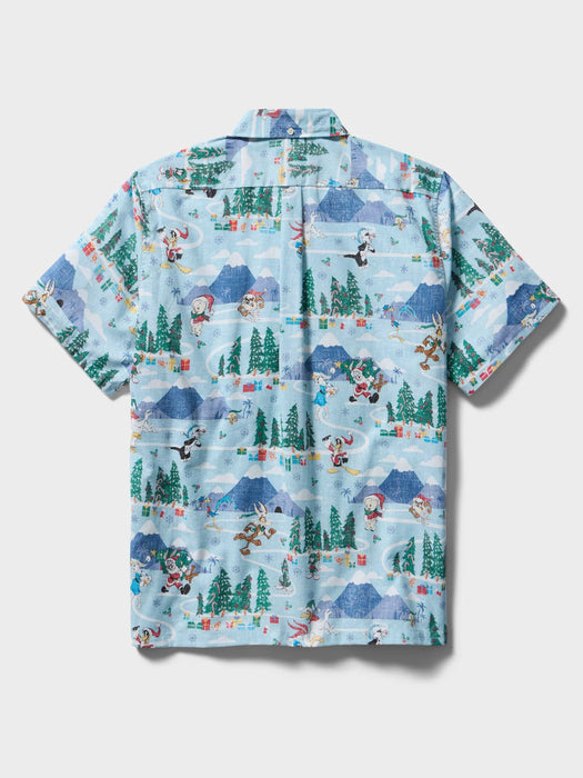 Light blue collared buttoned up Aloha shirt featuring Looney Tunes cartoon characters Bugs Bunny, Sylvester and many others back view.