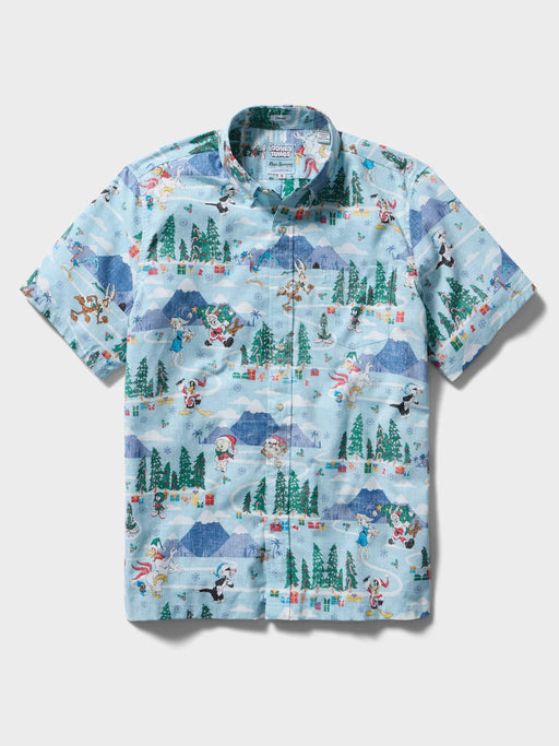 Light blue collared buttoned up Aloha shirt featuring Looney Tunes cartoon characters Bugs Bunny, Sylvester and many others front view. 