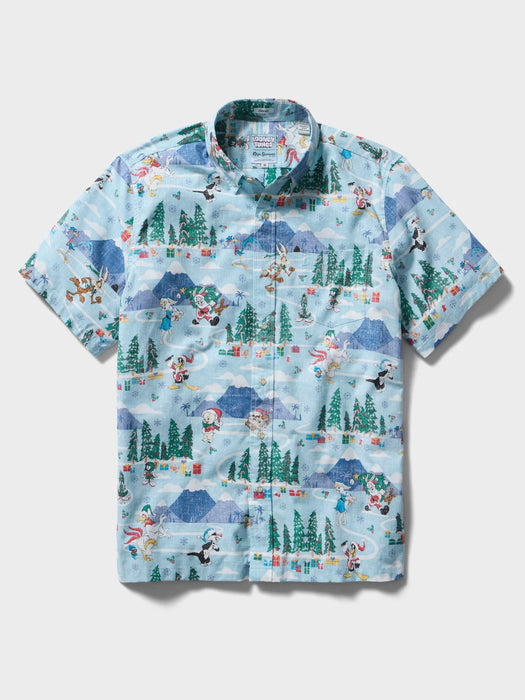 Light blue collared buttoned up Aloha shirt featuring Looney Tunes cartoon characters Bugs Bunny, Sylvester and many others front view. 