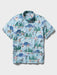 Light blue collared buttoned up Aloha shirt featuring Looney Tunes cartoon characters Bugs Bunny, Sylvester and many others front view. 