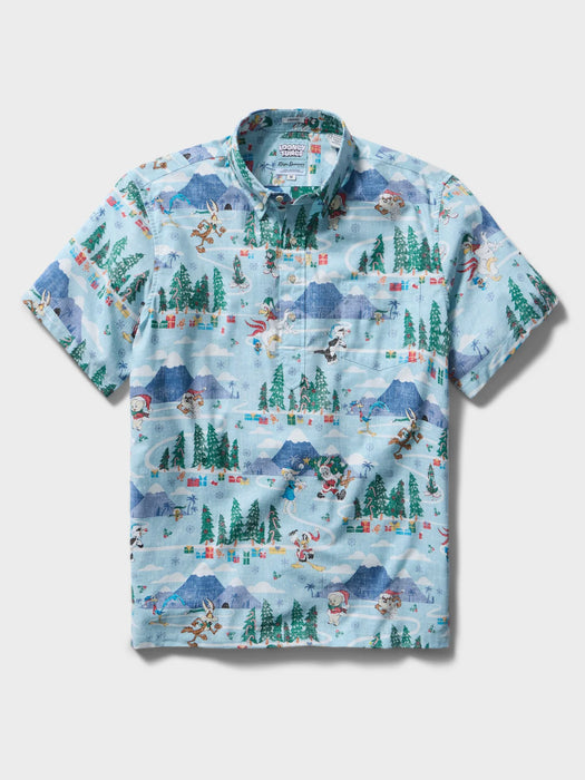 Light blue collared buttoned up Aloha shirt featuring Looney Tunes cartoon characters Bugs Bunny, Sylvester and many others front view Pullover style.
