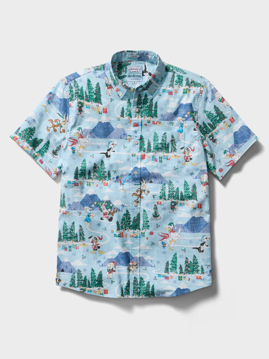 Light blue collared buttoned up Aloha shirt featuring Looney Tunes cartoon characters Bugs Bunny, Sylvester and many others front view Tailored style.