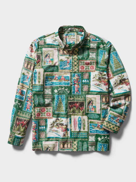 Hawaiian Christmas 2026 long sleeve button front, matched pocket with richly detailed print having classic Hawaii scenes and quilt patterns front view.