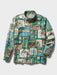 Hawaiian Christmas 2026 long sleeve button front, matched pocket with richly detailed print having classic Hawaii scenes and quilt patterns front view.