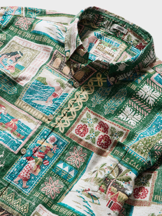 Hawaiian Christmas 2026 long sleeve button front, matched pocket with richly detailed print zoomed in on classic Hawaii scenes and quilt patterns.