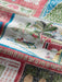 Super zoom in on a scene of a beached sea canoe with presents with an ama in front of a Hale with a Christmas decorated palm tree in red theme.