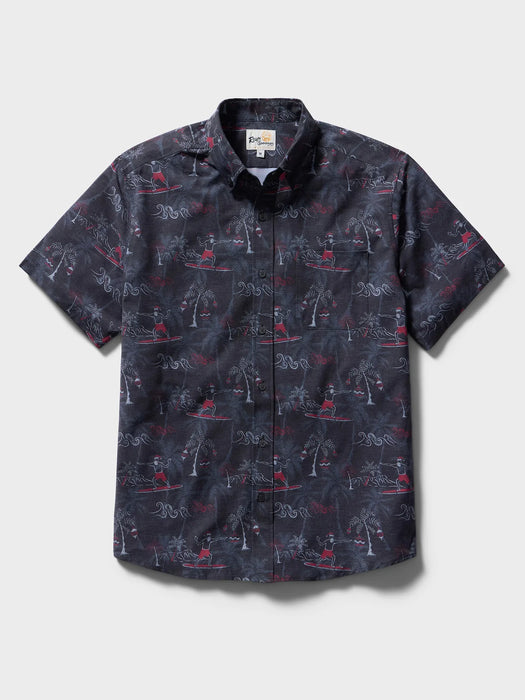 Surfin' Santa Performance Button Front Collared Short Sleeve Charcoal colored Aloha Shirt depicts Santa Surfing Waikiki with Diamondhead in the background front view.