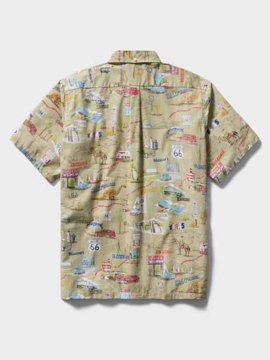 A short-sleeve button-up collared classic shirt back view with an all-over khaki fabric map print featuring Route 66 motifs, illustrated landmarks, and small colorful details.