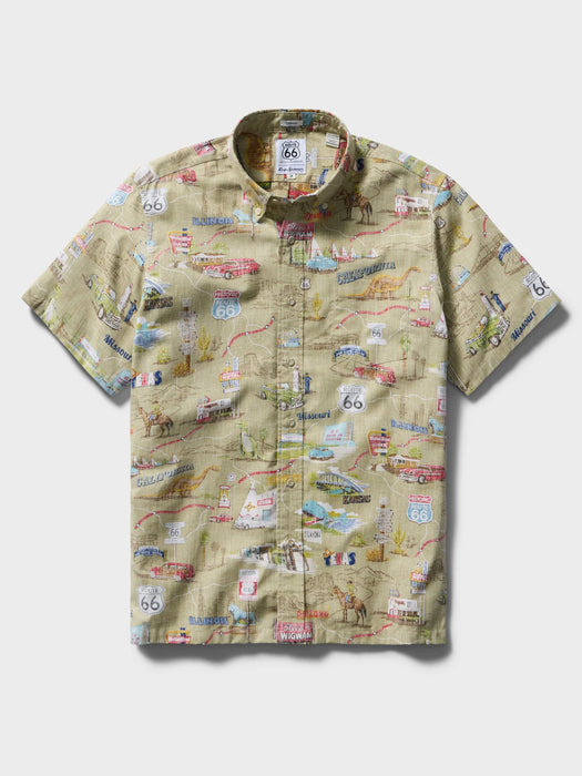 A short-sleeve button-up collared classic shirt with an all-over khaki fabric map print featuring Route 66 motifs, illustrated landmarks, and small colorful details.