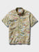 A short-sleeve button-up collared classic shirt with an all-over khaki fabric map print featuring Route 66 motifs, illustrated landmarks, and small colorful details.