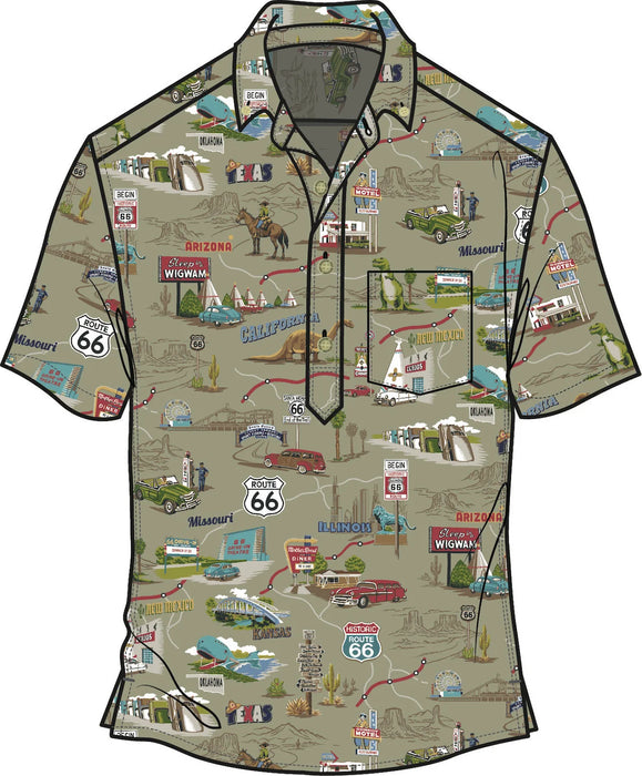 A sketch of the front view of a Pullover style shirt with a khaki fabric showing a detailed graphic print of Route 66 landmarks, cars, and signs.