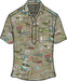 A sketch of the front view of a Pullover style shirt with a khaki fabric showing a detailed graphic print of Route 66 landmarks, cars, and signs.