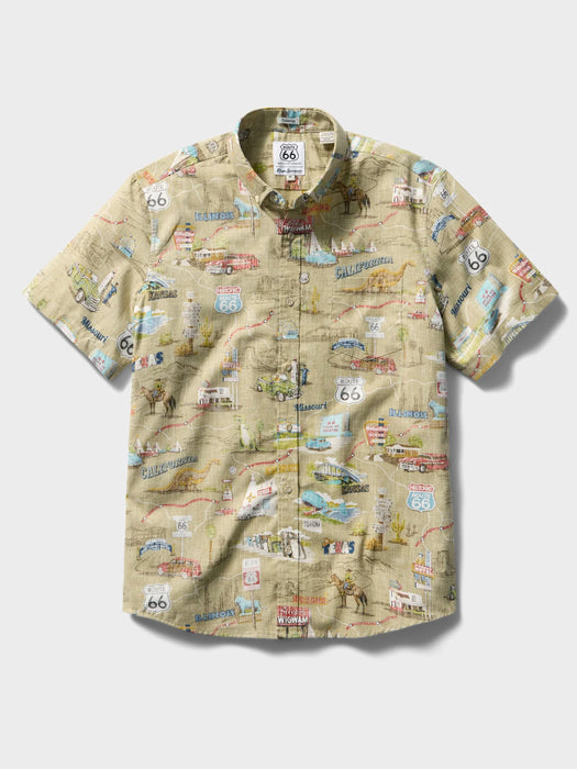 A short-sleeve button-up collared tailored shirt with an all-over khaki fabric map print featuring Route 66 motifs, illustrated landmarks, and small colorful details.