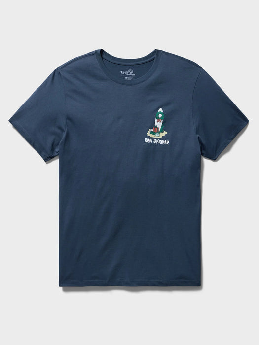 Reyn Spooner Navy Blue short sleeve T-Shirt front view with a surfboard decorated with a green Christmas wreath.