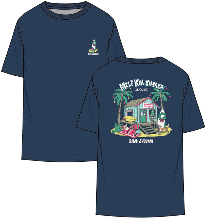 Reyn Spooner Navy Blue short sleeve T-Shirt front & back view with Mele Kalikimaka and Santa chillin' at his surf shack with dog, Christmas decorated palms and two surfboards.