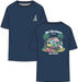 Reyn Spooner Navy Blue short sleeve T-Shirt front & back view with Mele Kalikimaka and Santa chillin' at his surf shack with dog, Christmas decorated palms and two surfboards.