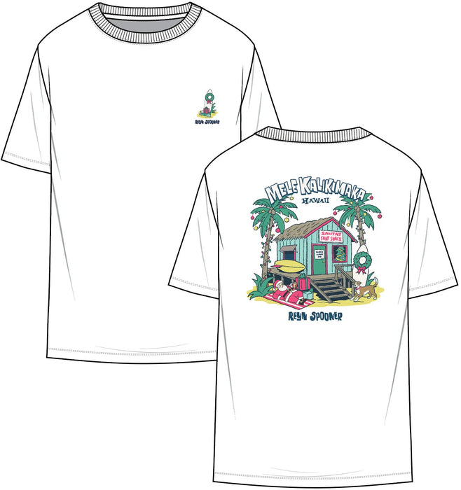 Reyn Spooner White short sleeve T-Shirt front & back view with Mele Kalikimaka and Santa chillin' at his surf shack with dog, Christmas decorated palms and two surfboards.