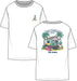 Reyn Spooner White short sleeve T-Shirt front & back view with Mele Kalikimaka and Santa chillin' at his surf shack with dog, Christmas decorated palms and two surfboards.