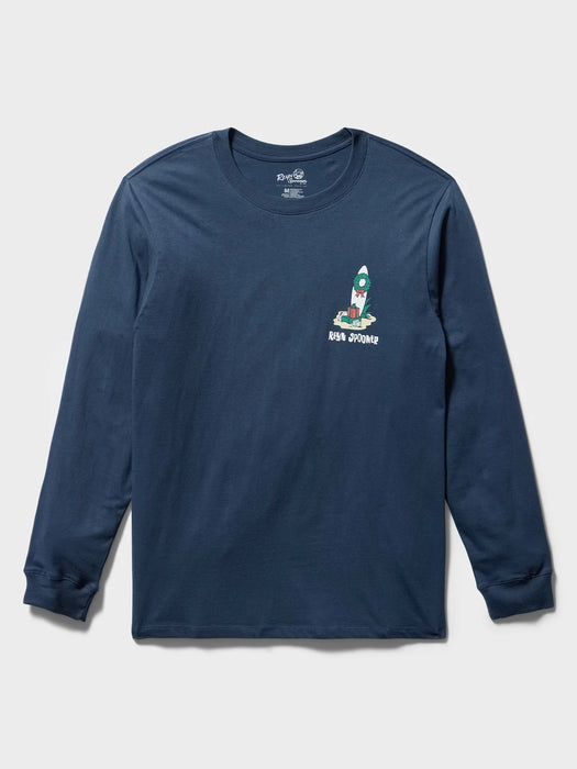 Reyn Spooner Navy Blue Long sleeve T-Shirt front view with a surfboard decorated with a green Christmas wreath.