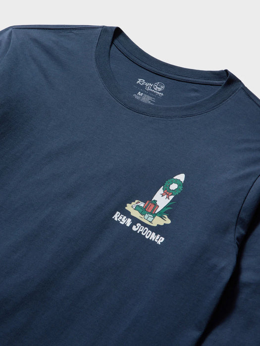 Close up of Reyn Spooner Navy Blue long sleeve T-Shirt front view with a surfboard decorated with a green Christmas wreath.