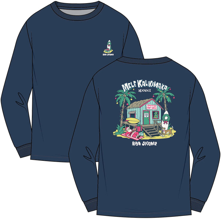 Reyn Spooner Navy Blue long sleeve T-Shirt front & back view with Mele Kalikimaka and Santa chillin' at his surf shack with dog, Christmas decorated palms and two surfboards.