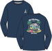 Reyn Spooner Navy Blue long sleeve T-Shirt front & back view with Mele Kalikimaka and Santa chillin' at his surf shack with dog, Christmas decorated palms and two surfboards.