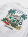 Reyn Spooner White T-Shirt back view with Mele Kalikimaka and Santa chillin' at his surf shack with dog, Christmas decorated palms and two surfboards.