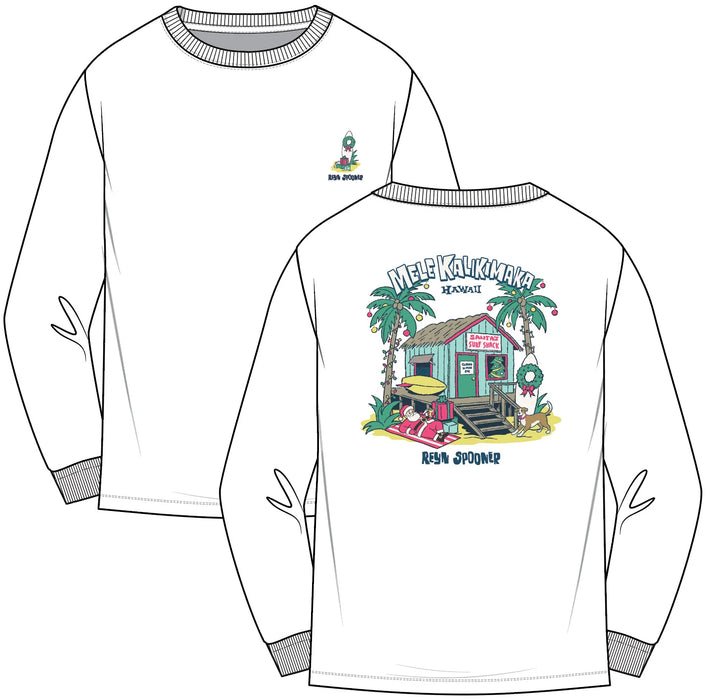 Reyn Spooner White long sleeve T-Shirt front & back view with Mele Kalikimaka and Santa chillin' at his surf shack with dog, Christmas decorated palms and two surfboards.