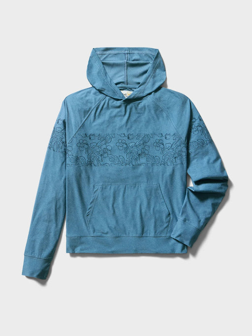 Reyn Spooner Monstera Ink Performance Hoodie in mid-blue front view with front pockets