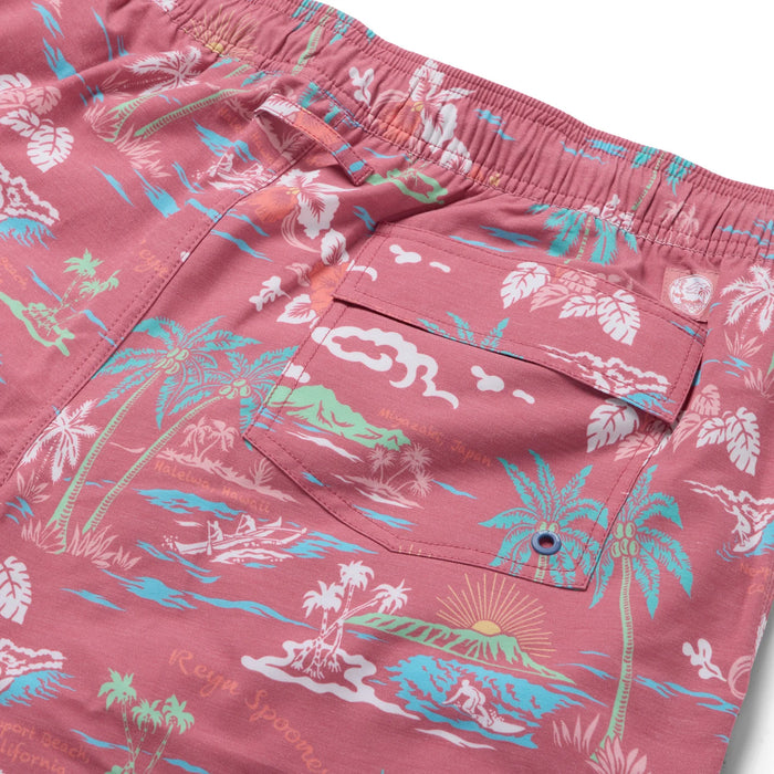 My Private Isle red swim trunks back pocket zoom in.