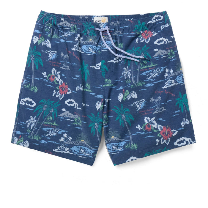 My Private Isle navy swim trunks with pull string ties in the front and elastic.